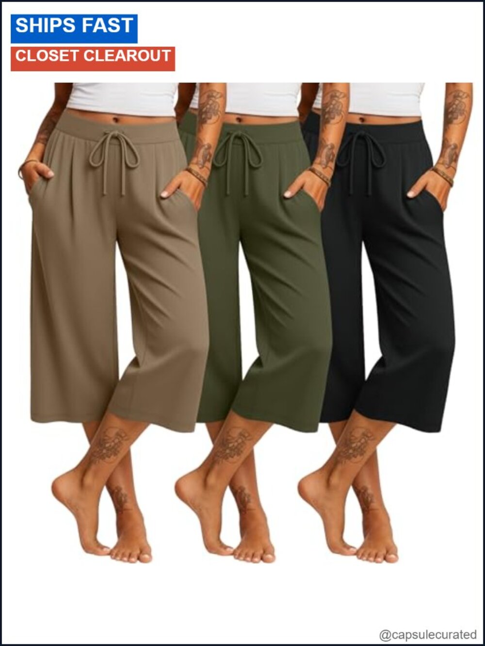 3 Pack Women's Wide Leg Capri Sweatpants High Rise Drawstring Pockets